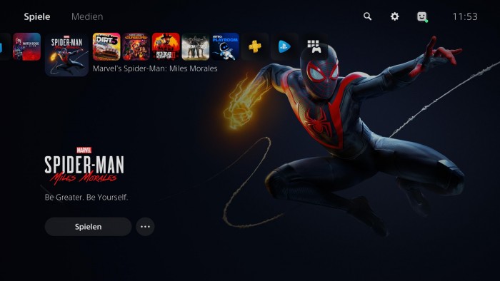 Das Hintergrundbild der PS5 stammt immer vom gerade im Menü ausgewälten Spiel - hier Spider-Man Miles Morales. (Bild: Sony/Screenshot: Golem.de)