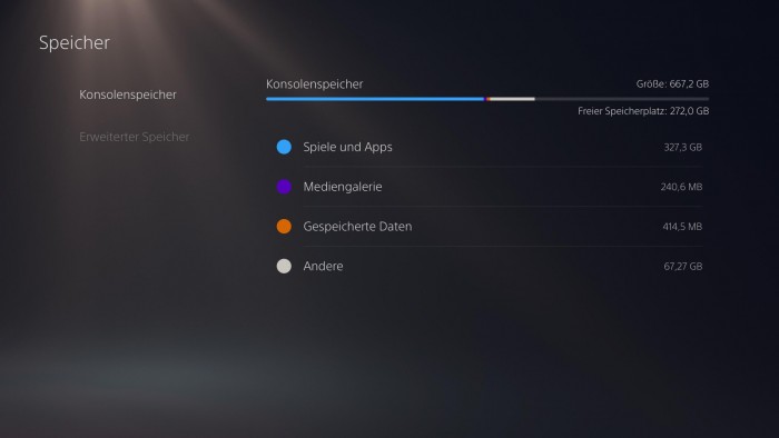 Die Übersicht des belegten und noch freien PS5-Massenspeichers. (Bild: Sony/Screenshot: Golem.de)