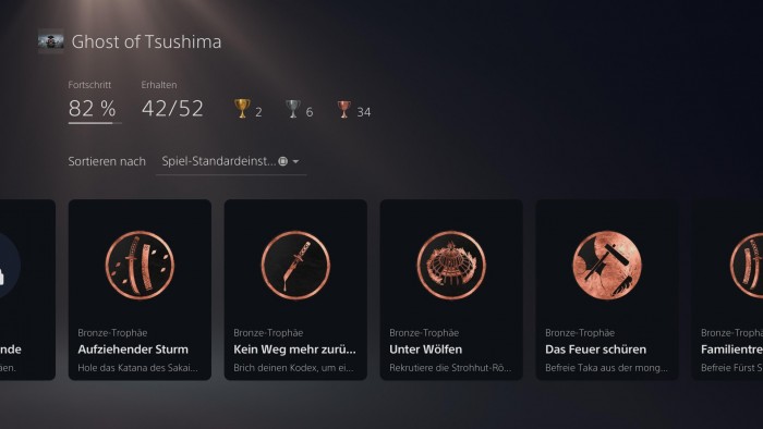 Die Trophäensammlung ist auf der PS5 etwas unübersichtlich ausgefallen. (Bild: Sony/Screenshot: Golem.de)