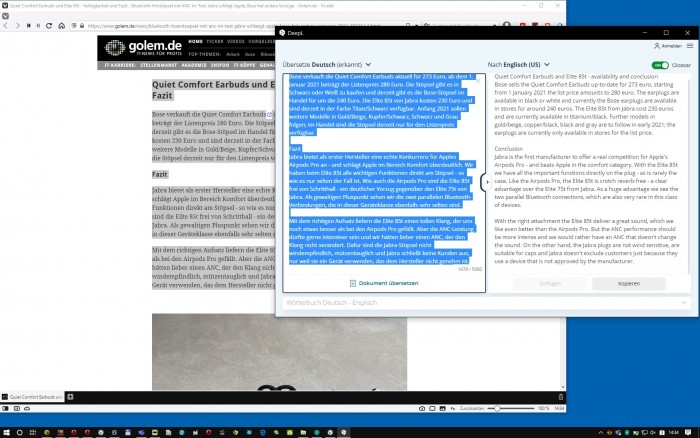 Hier übersetzt DeepL Text einer Webseite ins Englische. (Screenshot: Golem.de)