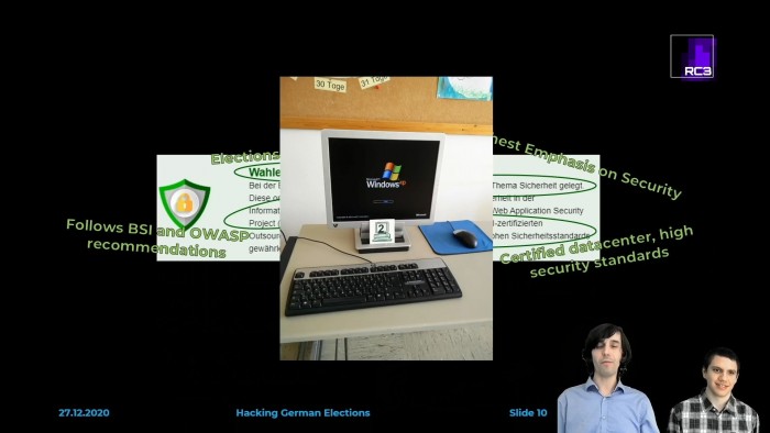 Selbst ein Windows-XP-Rechner sollte Johannes Obermaier (l.) und Tobias Madl bei der Stimmenauswertung helfen. (Foto: RC3/Screenshot: Golem.de)