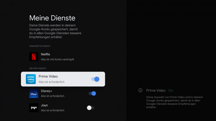 Einzelne Abokonten lassen sich bei den Empfehlungen für Google TV ausblenden. (Bild: Google/ Screenshot: Golem.de)