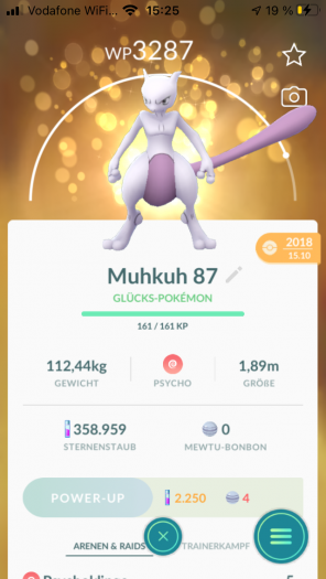 Ein Mewtu mit Glücks-Pokémon-Bonus, das wir tierisch umbenannt haben. (Bild: Niantic / Screenshot: Golem.de)
