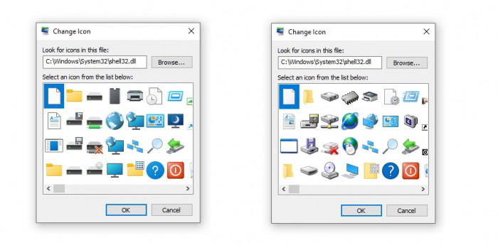 links: die neuen Symbole in Shell32.dll, rechts die aktuellen Symbole (Bild: Windows Latest)