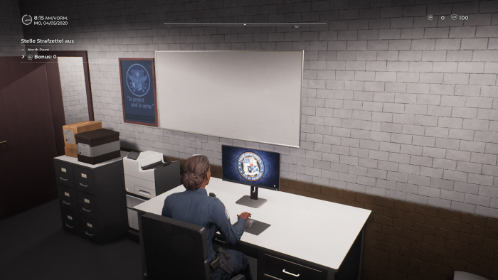 Vor und nach unserer Schicht müssen wir an unseren Polizeirechner. (Bild: Aesir Interactive/Screenshot: Golem.de)