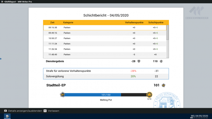 Zum Feierabend gibt's eine Übersicht mit unseren Erfolgen. (Bild: Aesir Interactive/Screenshot: Golem.de)