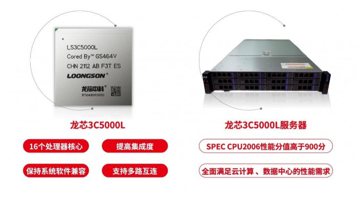 Der 3C5000 koppelt vier 3A5000 f&uuml;r 16C und nutzt 64 Kerne als Server. (Bild: Loongson)