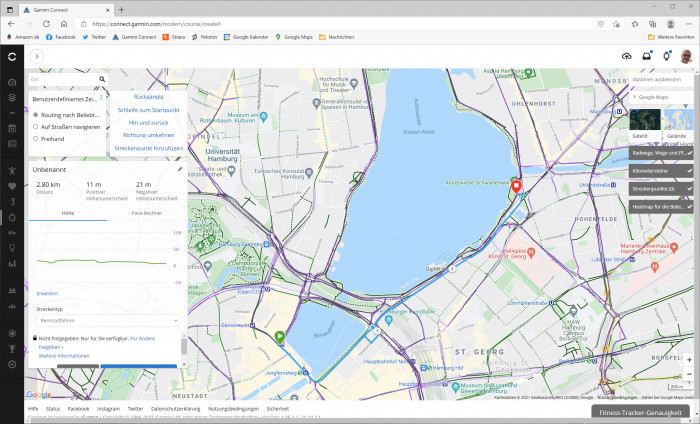 Lila Linien in der Karten-App von Garmin zeigen besonders beliebte Strecken. (Bild: Garmin/Screenshot: Golem.de)