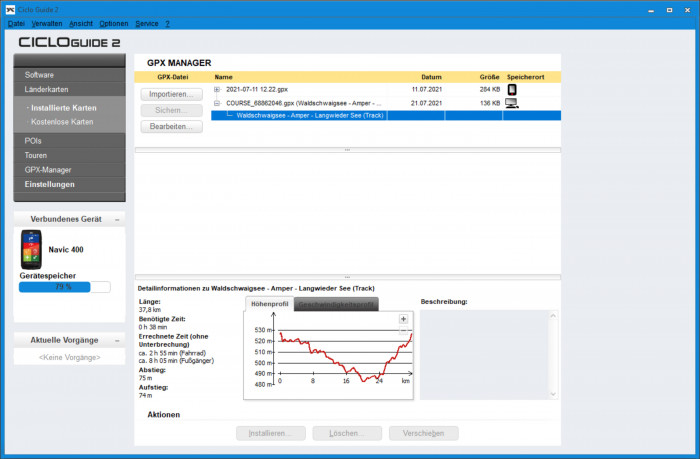 Die Software des Ciclo Navic 400 funktioniert offline, wirkt aber veraltet. (Bild: Ciclo/Screenshot: Golem.de)