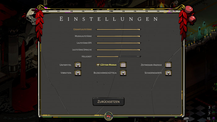 In den Optionen können wir unter anderem den Göttermodus aktivieren, der das Spiel etwas einfacher macht. (Bild: Supergiant Games/Screenshot: Golem.de)