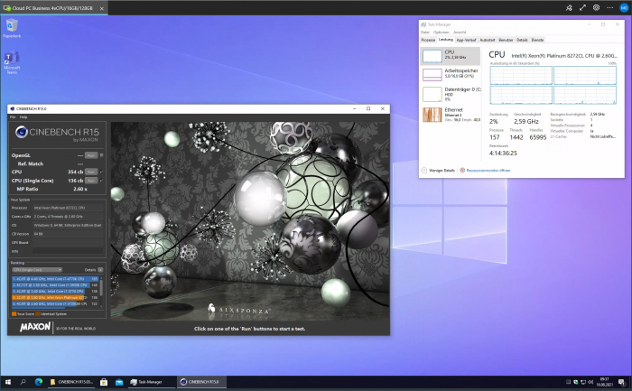 Werte des Xeon 8272CL im Cinebench R15 (Screenshot: Golem.de)