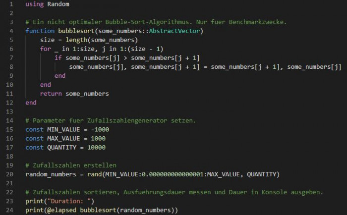 Bubble-Sort-Benchmark in Julia Version 1.6.2 (Bild: Miroslav Stimac)