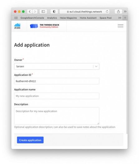 Zufügen einer Application in der Things-Konsole (Bild: Dirk Koller)