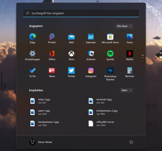 Eine der prim&auml;ren Neuerungen: das Windows-11-Startmen&uuml;. (Screenshot: Oliver Nickel/Golem.de)