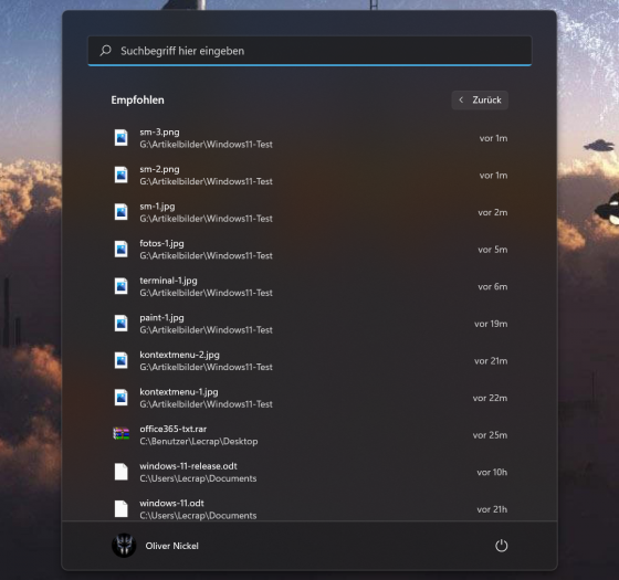 Eine der prim&auml;ren Neuerungen: das Windows-11-Startmen&uuml;. (Screenshot: Oliver Nickel/Golem.de)