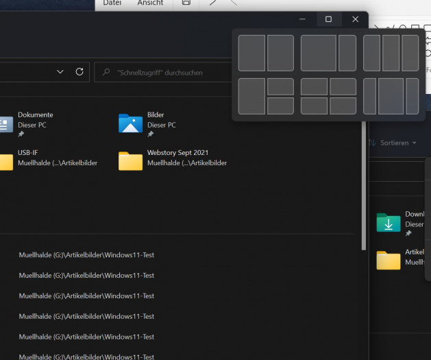 Snap Layouts helfen beim Anordnen von Fenstern. (Screenshot: Oliver Nickel/Golem.de)