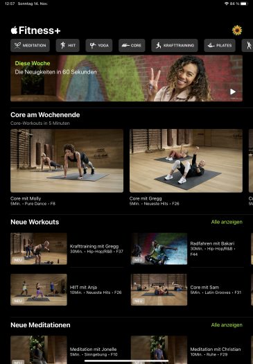 Die Startseite von Apple Fitness+ auf dem iPad (Bild: Peloton/Screenshot: Golem.de)