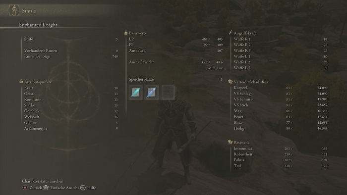 Die Seite mit den Statuswerten unseres Protagonisten. (Bild: From Software/Screenshot: Golem.de)