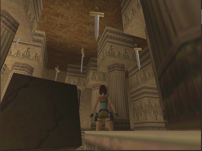 Achtung, Falle! Sobald sich Lara den Schwertern nähert, fallen sie von der Decke herab. (Bild: Square Enix / Screenshot: Medienagentur Plassma)