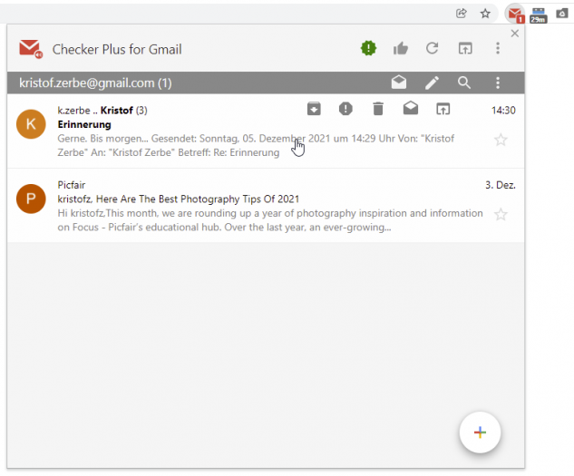 Popup der Chrome-Erweiterung Checker Plus for Gmail  (Screenshot: Kristof Zerbe)