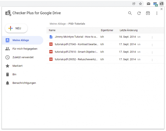 Popup der Chrome-Erweiterung Checker Plus for Google Drive (Screenshot: Kristof Zerbe)