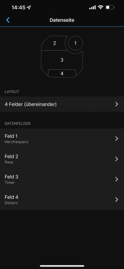 Die Trainingsseiten können wir auf der Uhr und per App einrichten. (Bild: Garmin/Screenshot: Golem.de)