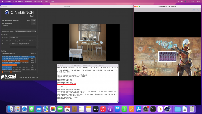 3DMark Wild Life plus Cinebench R23 auf dem M1 Ultra resultieren in 140+ Watt Package Power. (Screenshot: Golem.de)