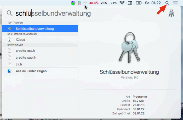 Aufruf der Schlüsselbundverwaltung (Screenshot: Udo Pütz)
