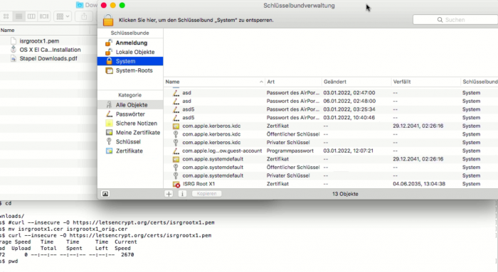 Das heruntergeladene isrgrootx1.pem wurde in den "System"-Teil gezogen. (Screenshot: Udo Pütz)