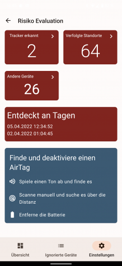 Airguard zeigt uns neben Systembenachrichtigungen auch in der App unmissverständlich an, dass wir von einem Bluetooth-Tracker begleitet werden. (Screenshot: Tobias Költzsch/Golem.de)