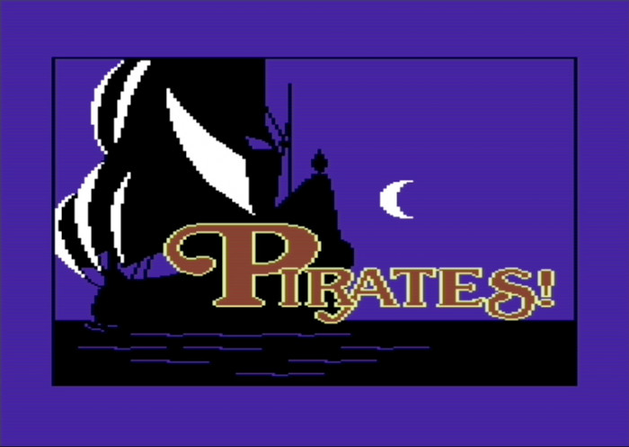 Schlicht, aber effektiv: Der dunkelblaue Titelbildschirm von Pirates (C64-Version) (Bild: Microprose/Screenshot: Medienagentur Plassma)