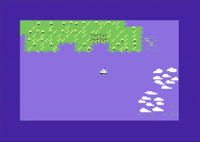 Ein einsames Schiff in der Karibik: Im Norden befindet sich der Hafen einer Stadt, während die Wolkendecke im Osten die Windrichtung verrät (C64). (Bild: Microprose/Screenshot: Medienagentur Plassma)