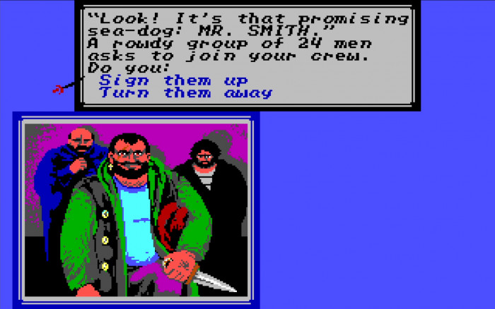 Ab und an lohnt sein Besuch in der hiesigen Taverne, um neue Besatzungsmitglieder für die eigene Crew anzuheuern (PC). (Bild: Microprose/Screenshot: Medienagentur Plassma)