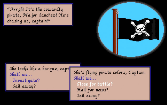 In der Amiga-Version von Pirates! bekommt man stets die Flagge des gegnerischen Schiffs in Großaufnahme gezeigt. (Bild: Microprose/Screenshot: Medienagentur Plassma)