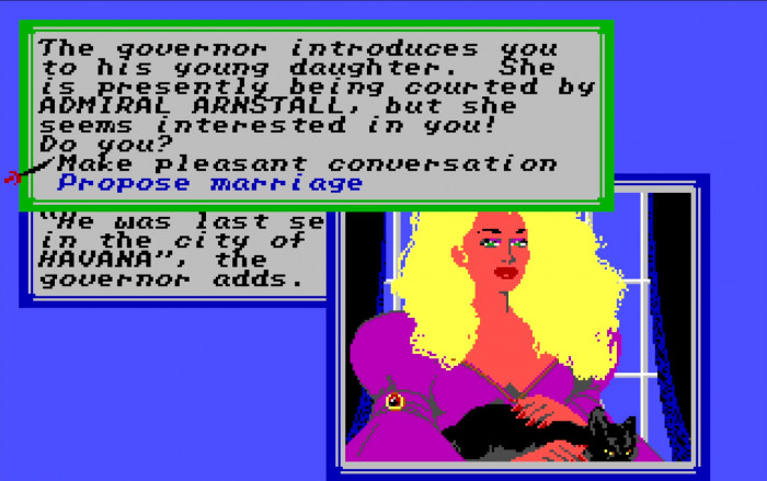 Blonde Schönheit mit schwarzer Katze: Die gezeichneten Porträtbilder waren seinerzeit ein Hingucker (PC). (Bild: Microprose/Screenshot: Medienagentur Plassma)