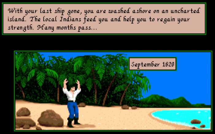 Sollte in einem Kampf oder beim Durchfahren eines Korallenriffs das letzte Schiff aus der eigenen Flotte untergehen, dann landet man automatisch auf einer einsamen Insel. Dort muss man mehrere Monate lang versauern, bis man seine Piratenkarriere wieder aufnehmen darf (Amiga). (Bild: Microprose/Screenshot: Medienagentur Plassma)
