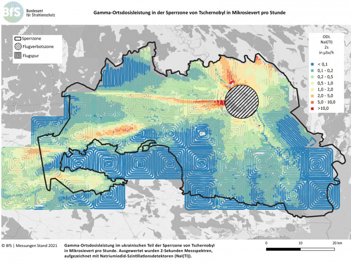 Gamma-Ortsdosisleistung in der Sperrzone von Tschernobyl in Mikrosievert pro Stunde (Bild: BfS)