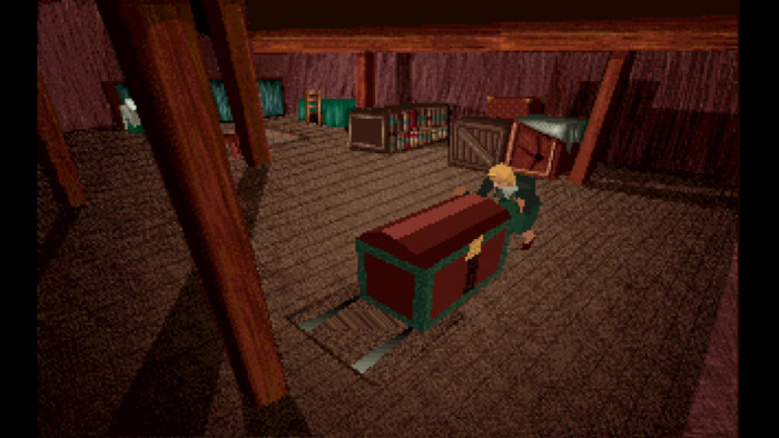 Steht die Truhe rechtzeitig auf der Falltür, versperrt man der darunter lauernden Kreatur den Weg. (Bild: Infogrames / Screenshot: Medienagentur Plassma)