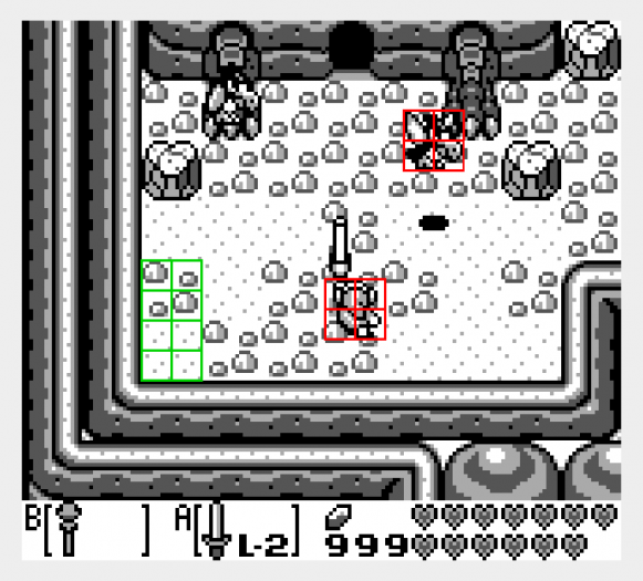 Link und der Gegner bestehen aus je vier 8 x 8 Pixel großen Sprites (rot umrandet), der Hintergrund aus ebenso großen Tiles (grün umrandet). (Bild: Johannes Hiltscher/Golem.de)