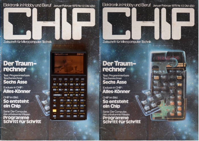 Als die CHIP noch wunderschöne Titelbilder hatte. Hier die Ausgabe Januar/Februar aus dem Jahr 1979. Der gemalte Taschenrechner ähnelt allerdings eher einem Modell der Konkurrenz, dem Texas Instruments TI-58/TI-58C bzw. TI-59. (Bild: Thomas Ell)