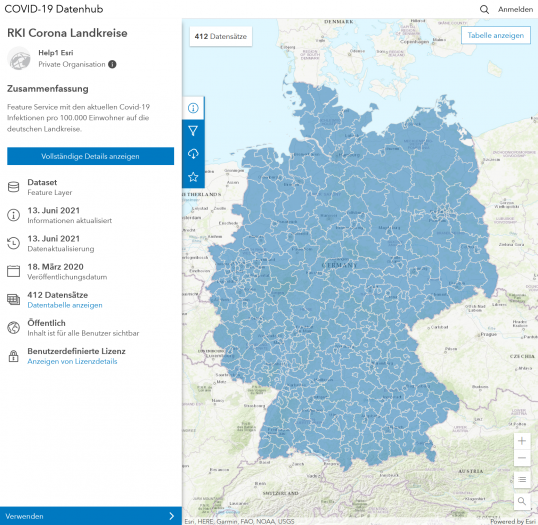 Deutschlandkarte mit den einzelnen Landkreisen auf dem COVID-19-Datenhub (Screenshot: Thomas Ell)