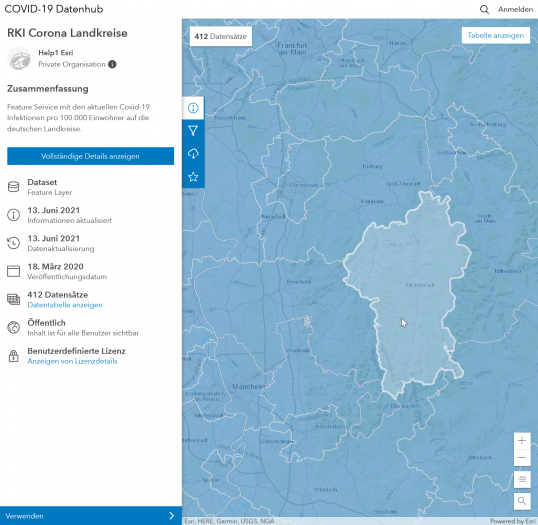 Deutschlandkarte mit den einzelnen Landkreisen auf dem COVID-19-Datenhub (Screenshot: Thomas Ell)