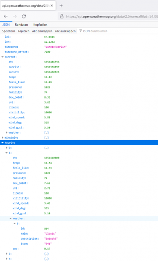 Beispiel für ein Openweather-Resultset im JSON-Format (Screenshot: Michael Bröde)