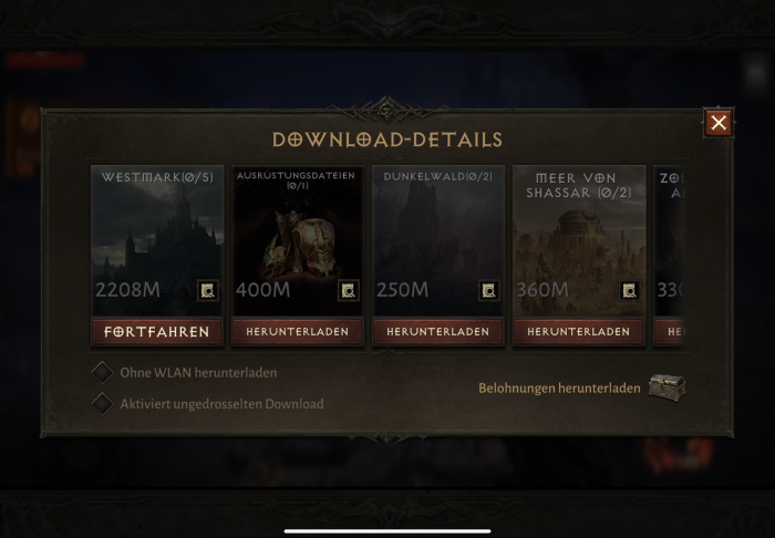 Tipp: Lieber alles gleich am Stück herunterladen, statt einzelne Module über dieses Menü. (Bild: Blizzard / Screenshot: Golem.de)