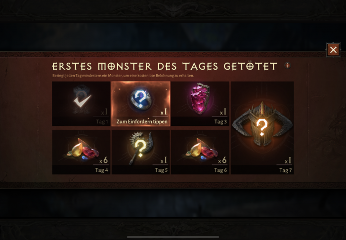 Die Tagesbelohnung fürs erste getötete Monster. (Bild: Blizzard / Screenshot: Golem.de)