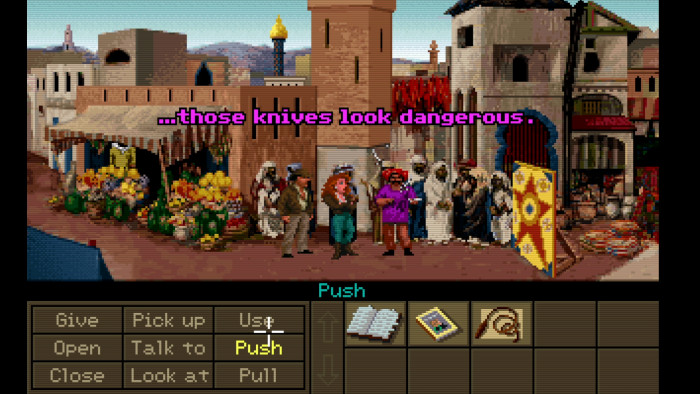 Noch begutachtet Sophia die Künste des Messerwerfers eher skeptisch. Nun gilt es, ihr im wahrsten Sinne des Wortes einen Schubs zu geben ... (Quelle: Lucasarts/Medienagentur Plassma)