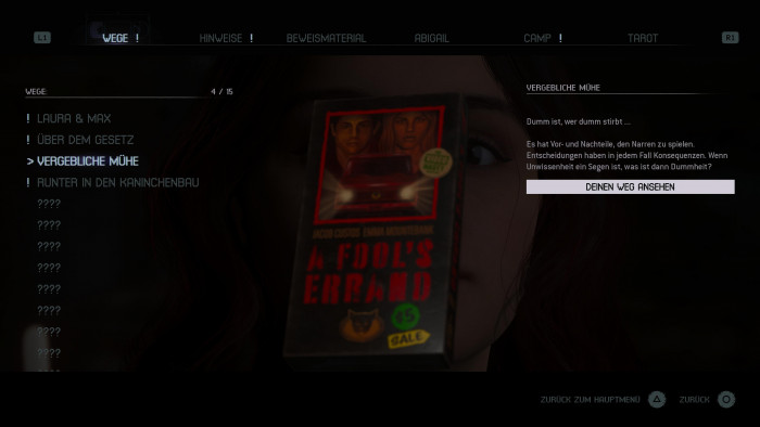 Im Menü haben wir Zugriff auf Beweise und andere Funktionen. (Bild: Supermassive Games/Screenshot: Golem.de)