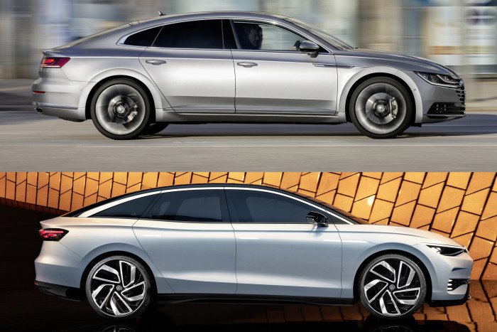 Im Vergleich zum VW Arteon (oben) hat der ID.Aero einen größeren Radstand und kürzere Überhänge. (Foto: VW/Montage Golem.de)