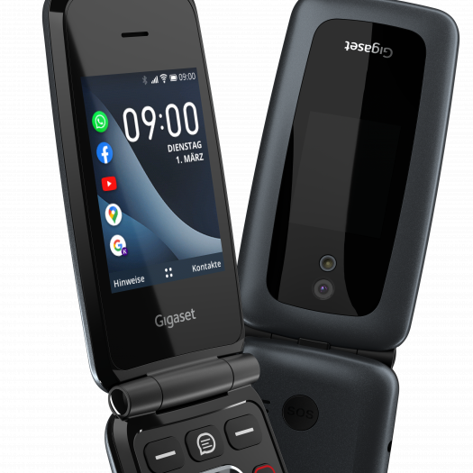 Neben dem innenliegenden Display gibt es auch einen kleinen Bildschirm auf der Außenseite. (Bild: Gigaset)