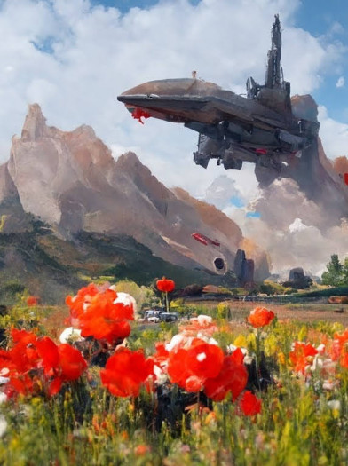 Prompt: Ein sch&ouml;nes Gem&auml;lde einer Sommerwiese mit einem Raumschiff am Himmel (Bild: Martin Wolf/Golem.de - Disco Diffusion 2022)